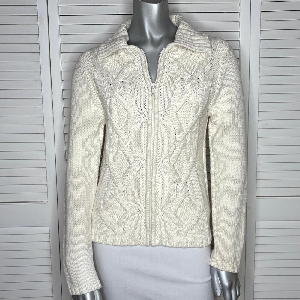 Sydney Easton Ivory White Cable Knit Zip Front Sweater Cardigan Cotton Blend S